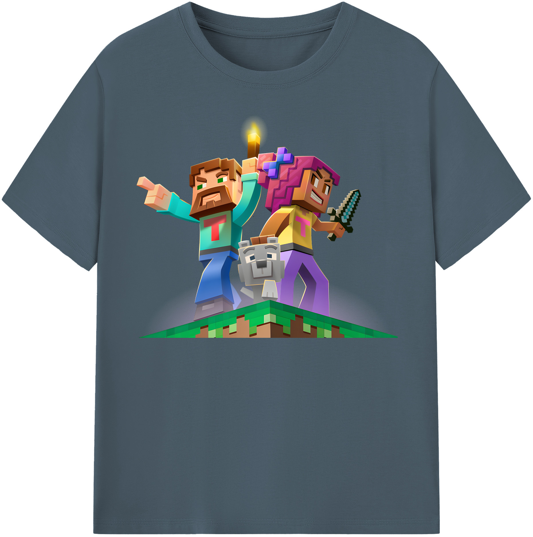 （画像用） マインクラフト ブロックの世界 Minecraft MC Block world 綿100％半袖Tシャツ（フロントプリント）